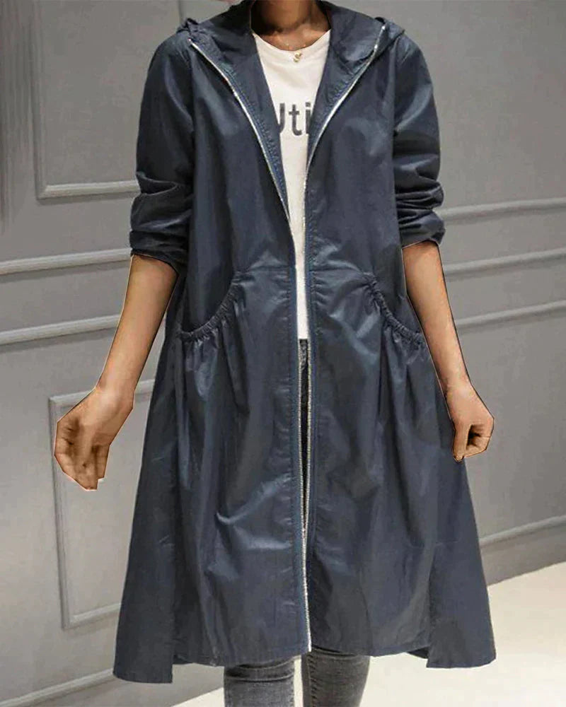 Women’s Hooded Jacket – Waterproof Lightweight – Relaxed Fit – Knee Length – Zip Closure