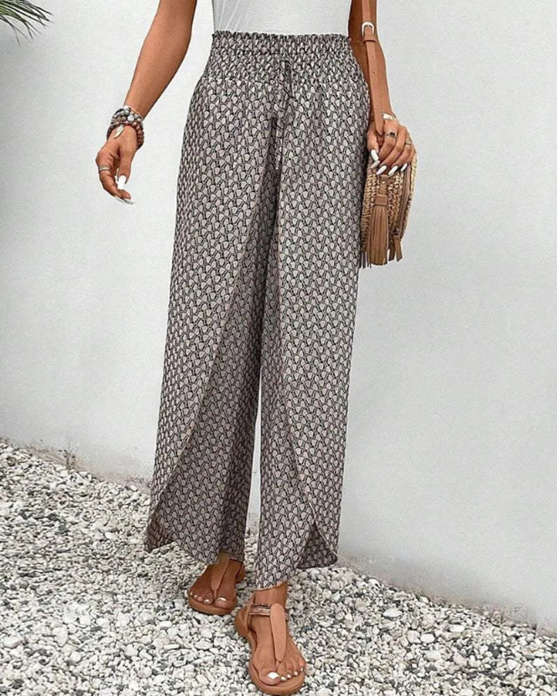 Women's Wide-Leg Trousers - High Waist - Elastic Drawstring - Flowy Lightweight