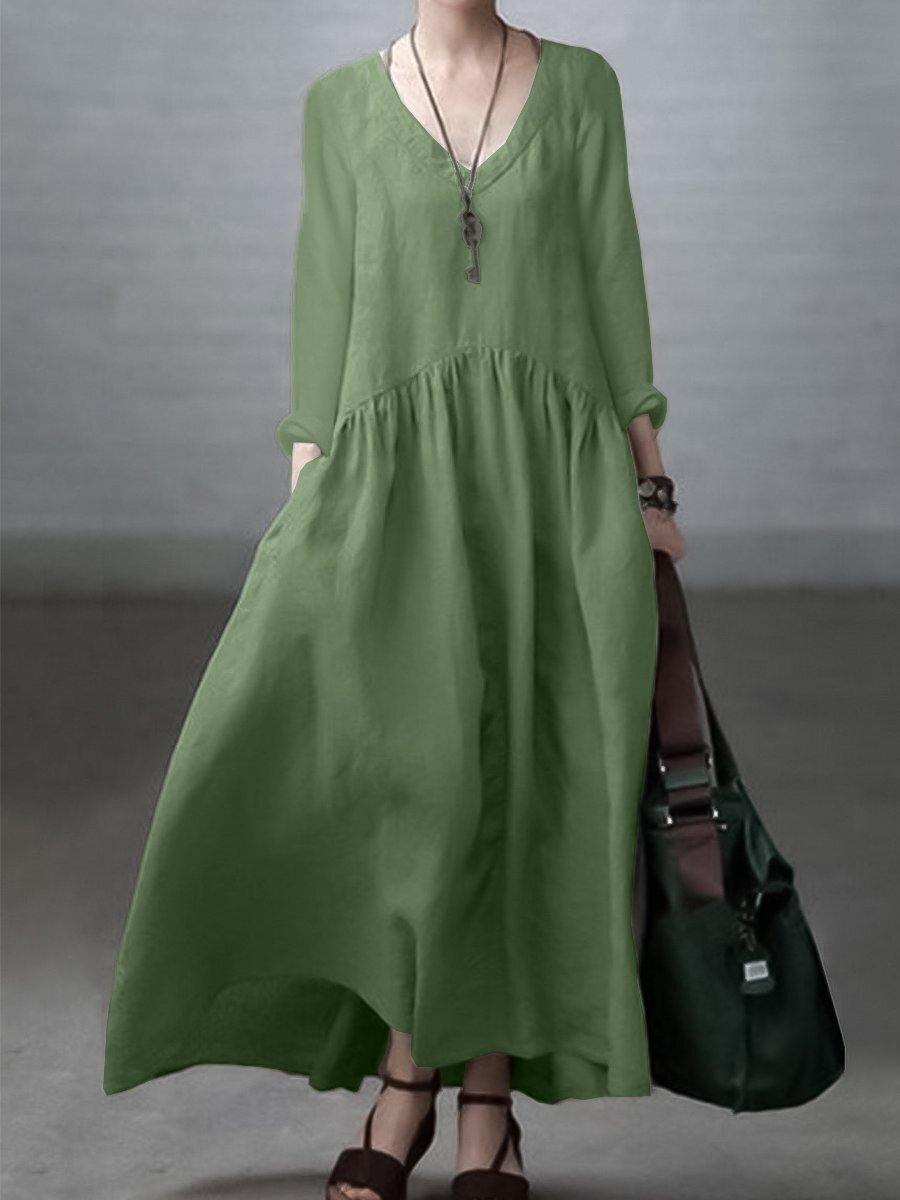 Women’s Maxi Dress – Natural Fibers – Relaxed Fit – V-Neck – Long Sleeve