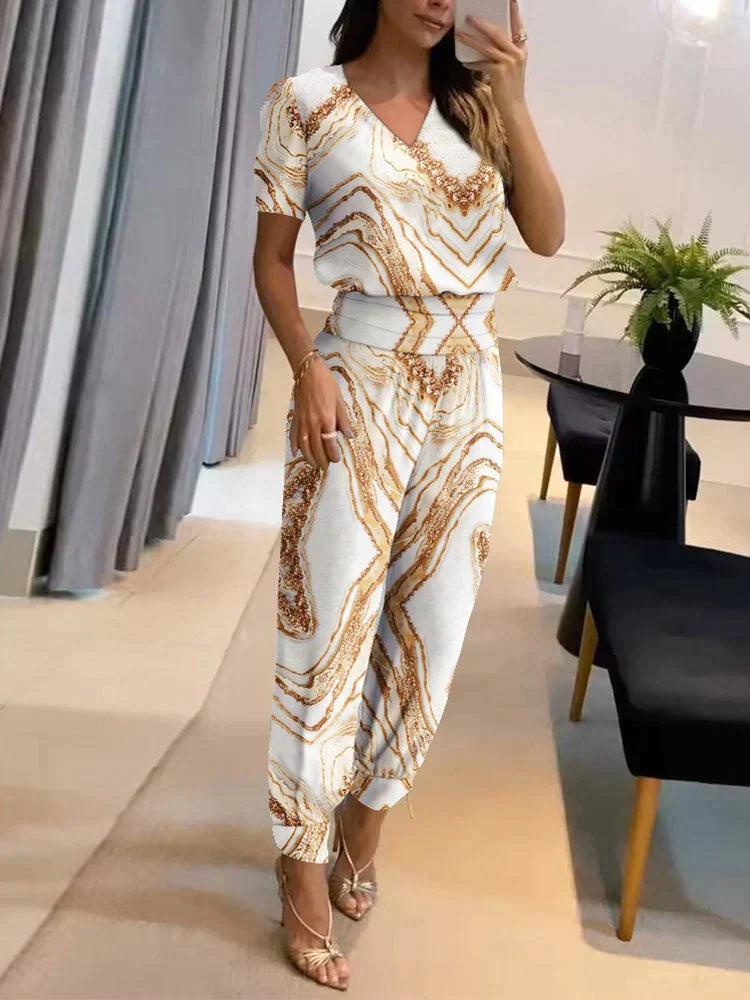 Women's Two-Piece Set – V-Neck Short Sleeve Top & Elastic Waist Pants – Relaxed Fit