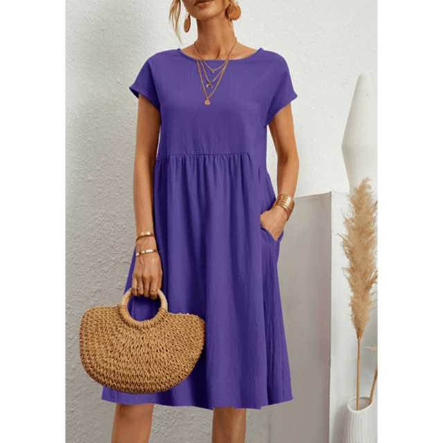 Women's Cotton Linen Short Sleeve Midi Dress