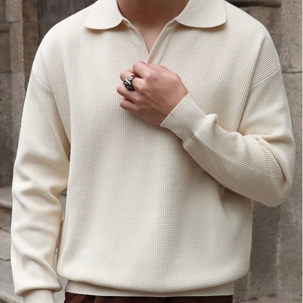 Men’s Knit Pullover Top – Relaxed Fit – Ribbed Cotton Blend – Buttonless Collar – Long Sleeve