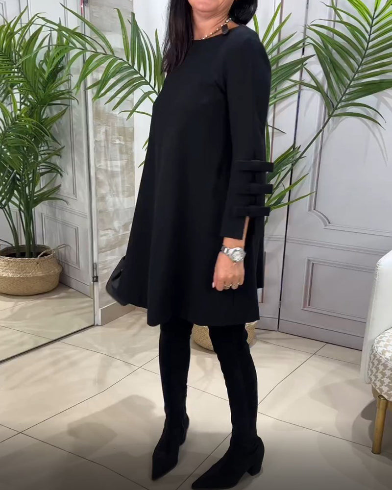 Women's A-Line Dress - Long Sleeve with Bow Detail - Elegant Knee-Length Round Neck