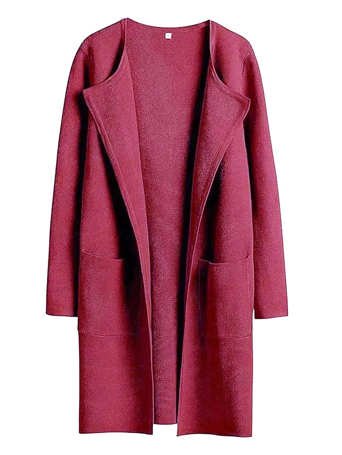 Women’s Knee-Length Coat – Wool Blend – Relaxed Fit – Wide Lapel – Patch Pockets
