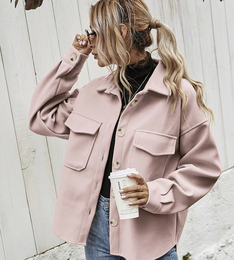 Women’s Oversized Jacket – Wool Blend – Button Front – Chest Flap Pockets – Dropped Shoulder