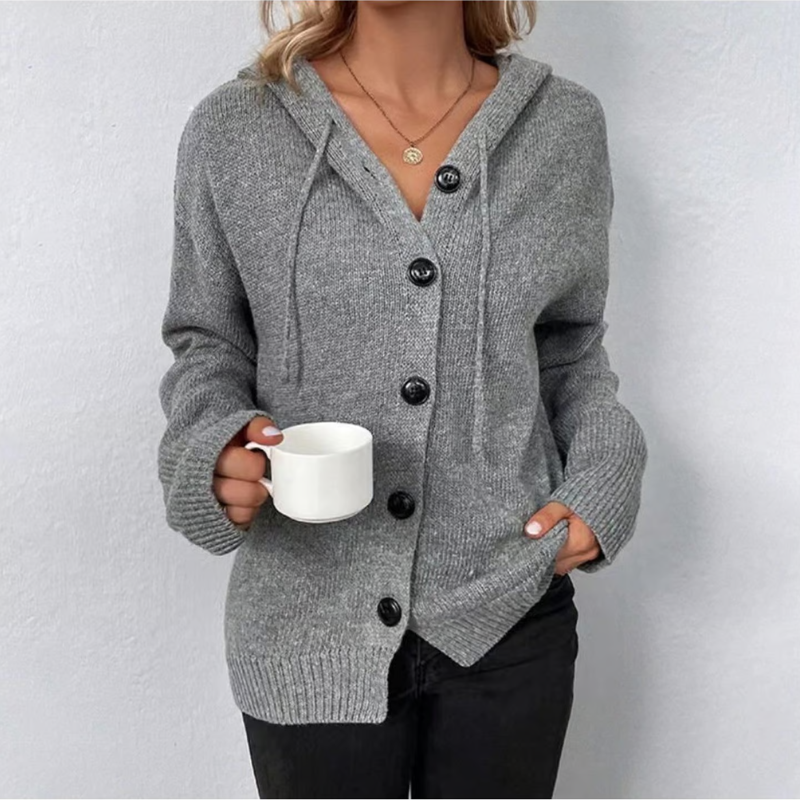Women’s Knitted Cardigan – Soft Knit – Oversized Fit – Hooded – Button Front Layer
