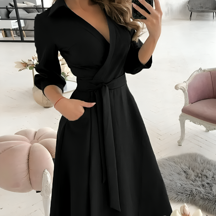 Women's Wrap Dress - V-Neck - Self-Tie Waist - 3/4 Sleeve - Flowy A-Line Silhouette