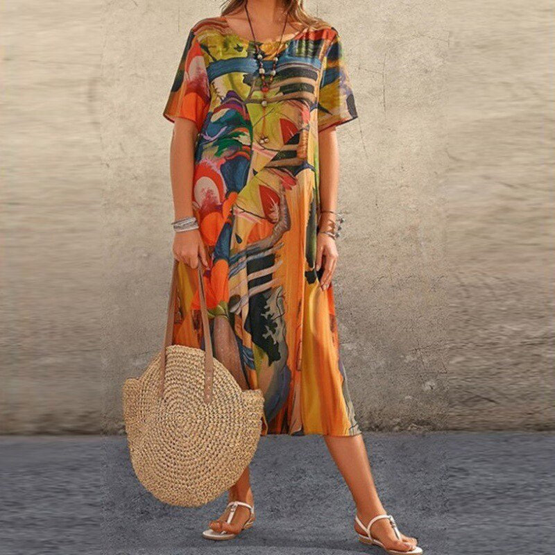 Women’s Casual Dress – Loose Fit – Short Sleeve – Abstract Pattern – Mid-Length