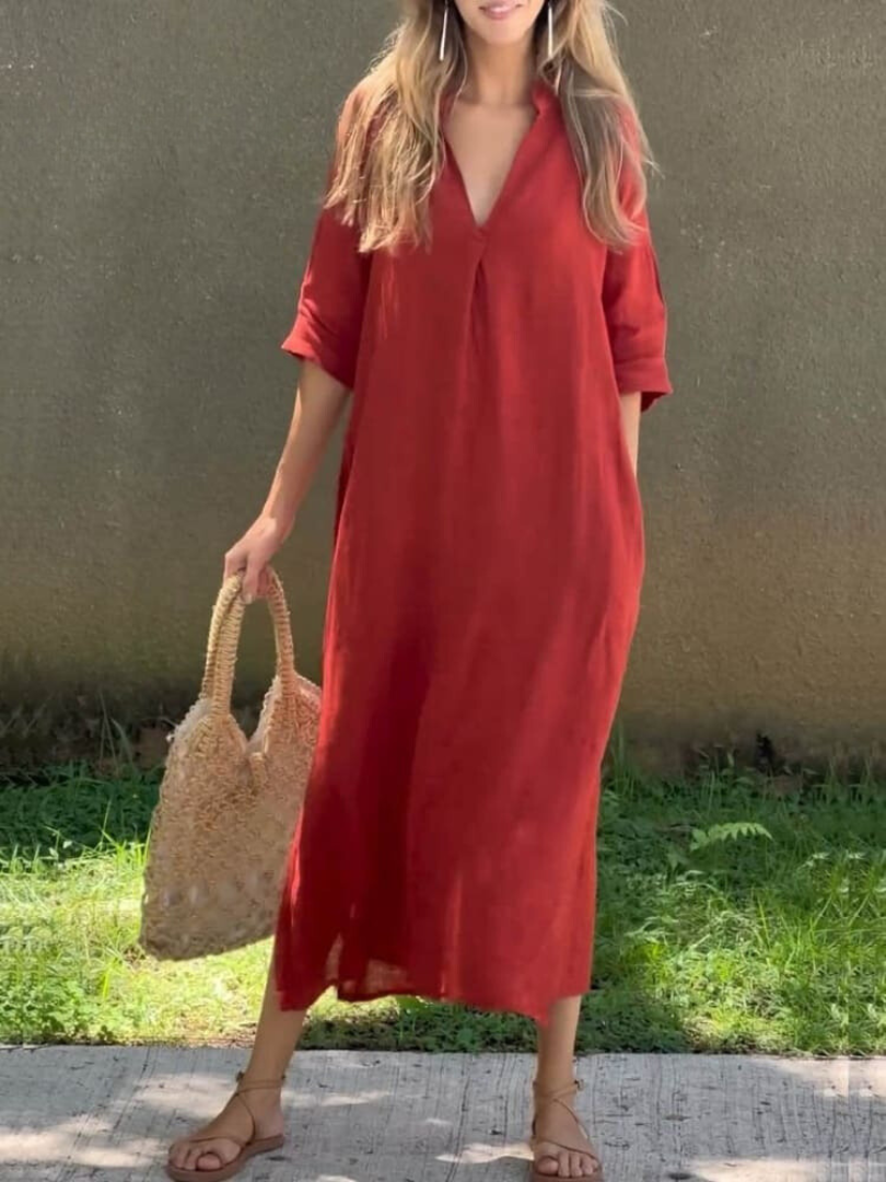 Women’s Maxi Dress – Relaxed Fit – V-Neck – Breathable Blend – Three-Quarter Sleeve