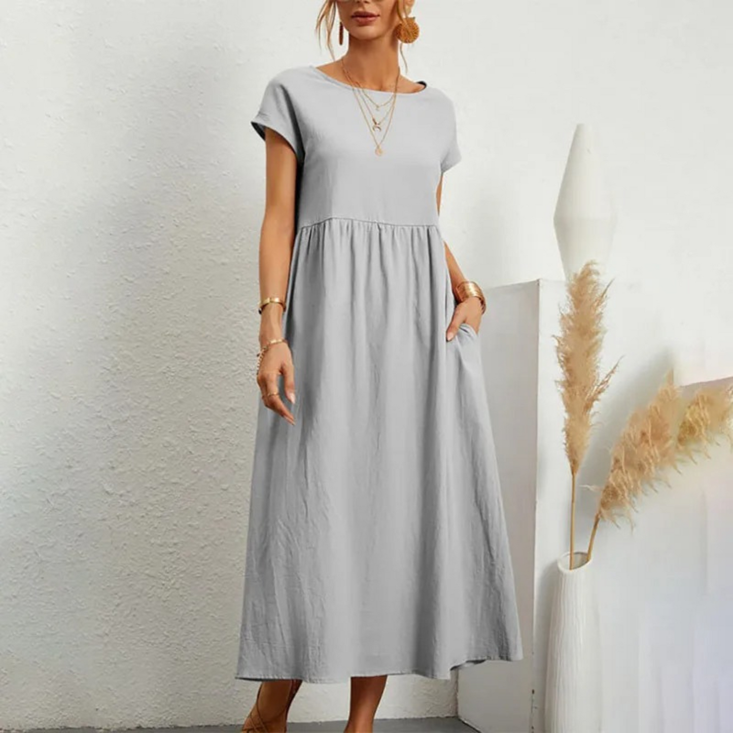 Women's Linen Maxi Dress - Short Sleeve - Round Neck - Empire Waist - Relaxed Fit