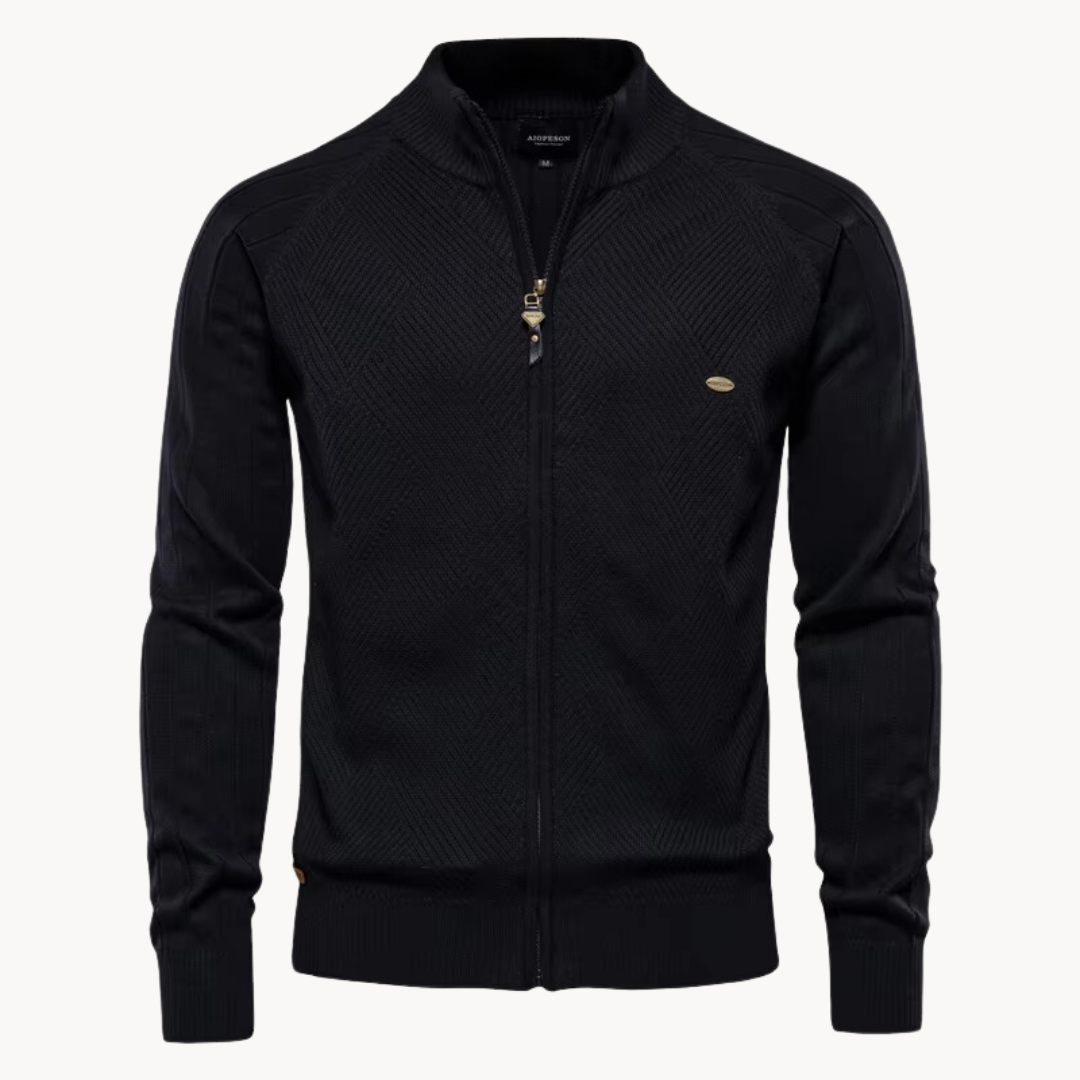 Men’s Jacket – Slim Fit – Knitted Wool Blend – Zip-Up – Ribbed Trim – Herringbone Pattern