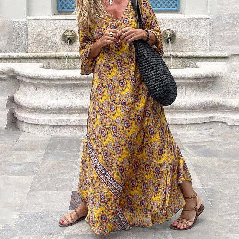 Women’s Maxi Dress – Loose Fit – V-Neck – Long Sleeve – Side Slits – Bold Print