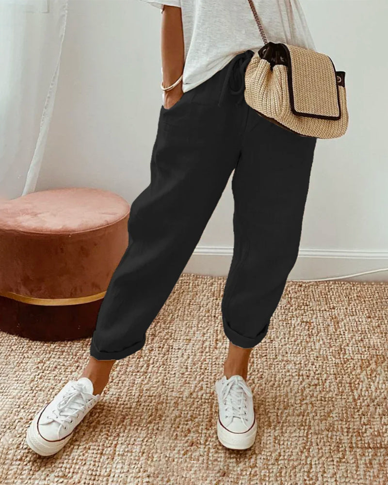 Women's Trousers - Relaxed Fit - Drawstring Waist - Casual Everyday Comfort