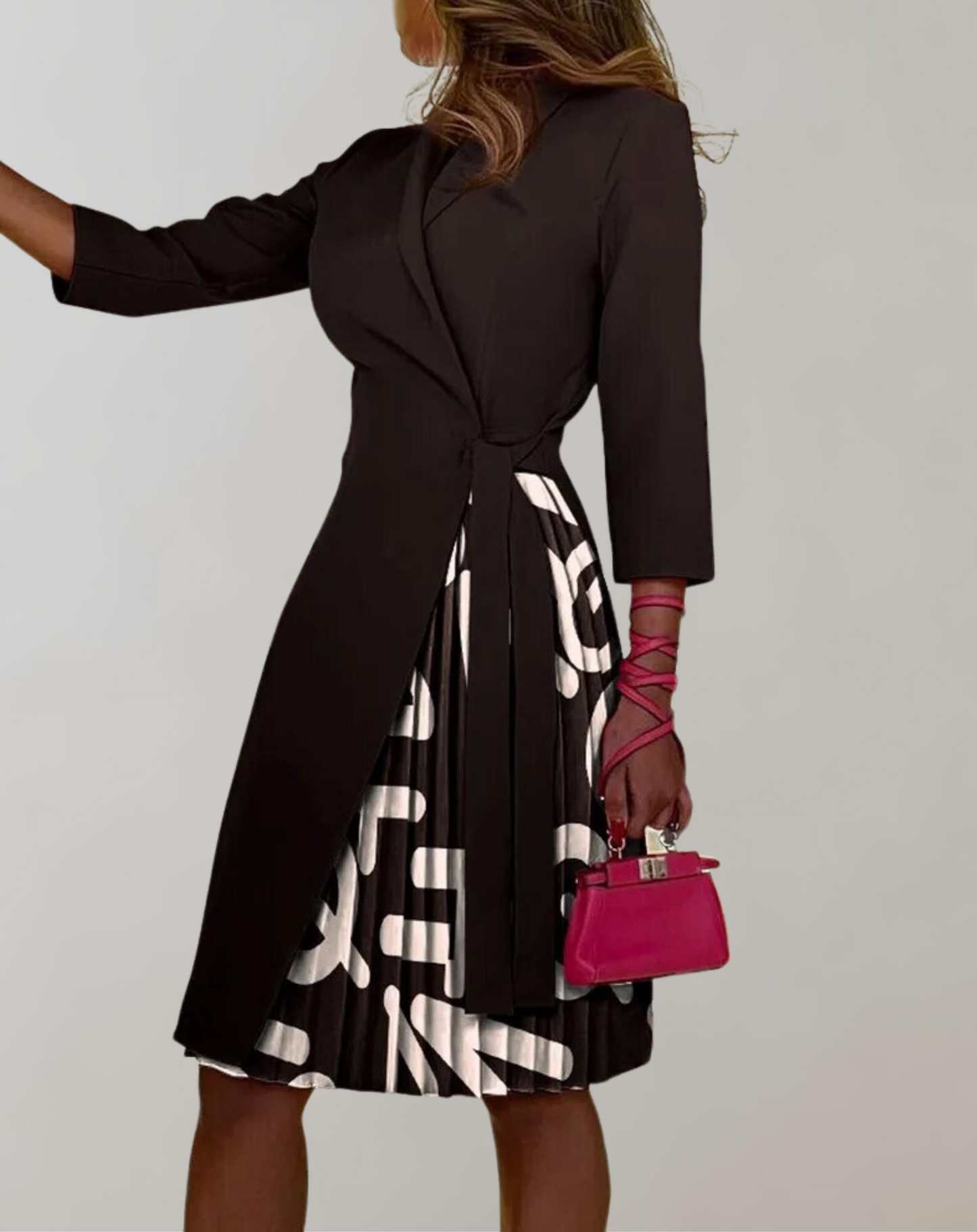 Women’s Midi Dress – Tailored Fit – Pleated Skirt – Notched Neck – Belted Waist – 3/4 Sleeve