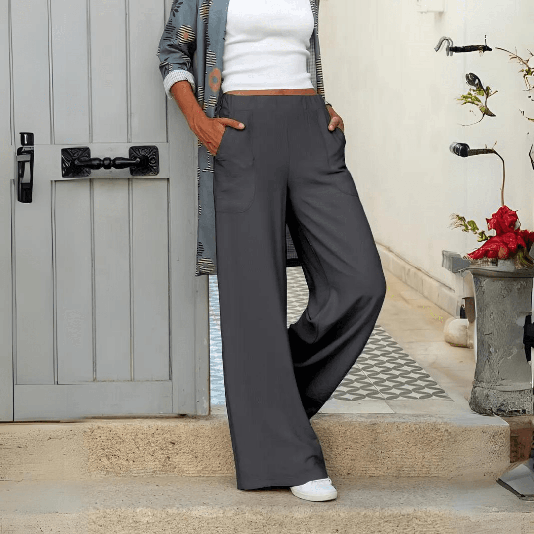Women's Wide-Leg Trousers - High Waist - Flowing Fit - Front Pockets - Lightweight Fabric