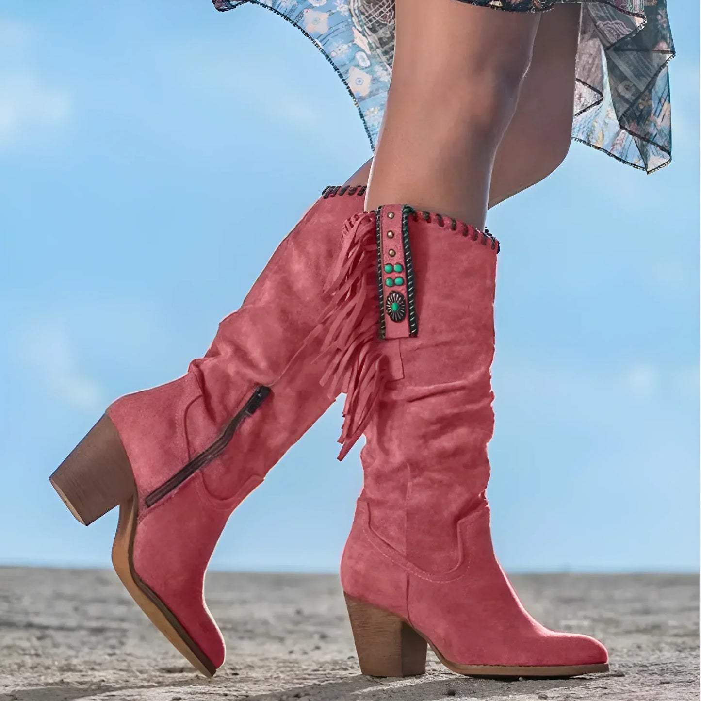 Women’s Mid-Calf Boots – Suede – Fringe Detail – Block Heel – Western Boho Style