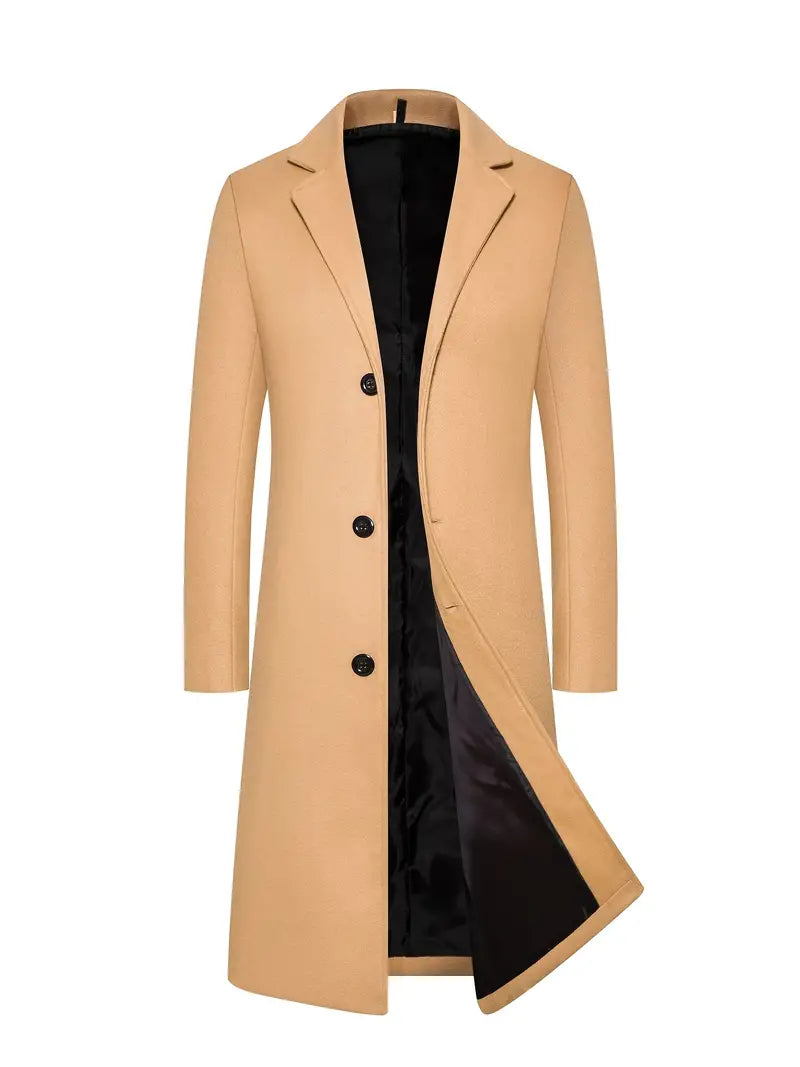 Men’s Full Length Coat – Tailored Fit – Wool Feel – Notch Lapel – Three Button Closure