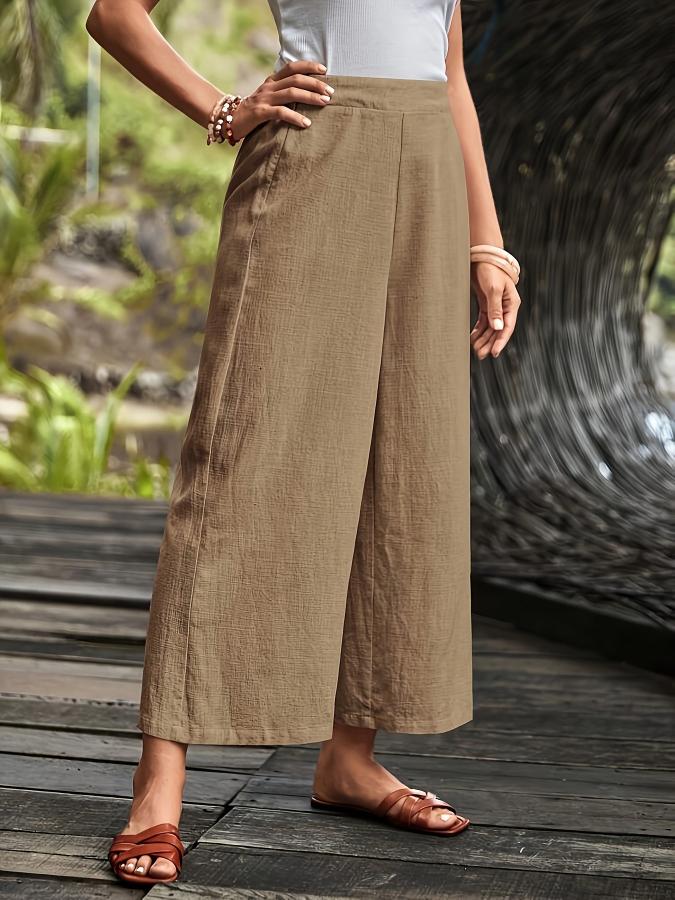 Women's Wide-Leg Trousers - High Waist - Lightweight Breathable Fabric - Side Slit Detail
