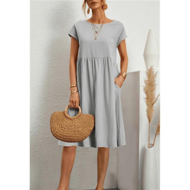 Women's Cotton Linen Short Sleeve Midi Dress