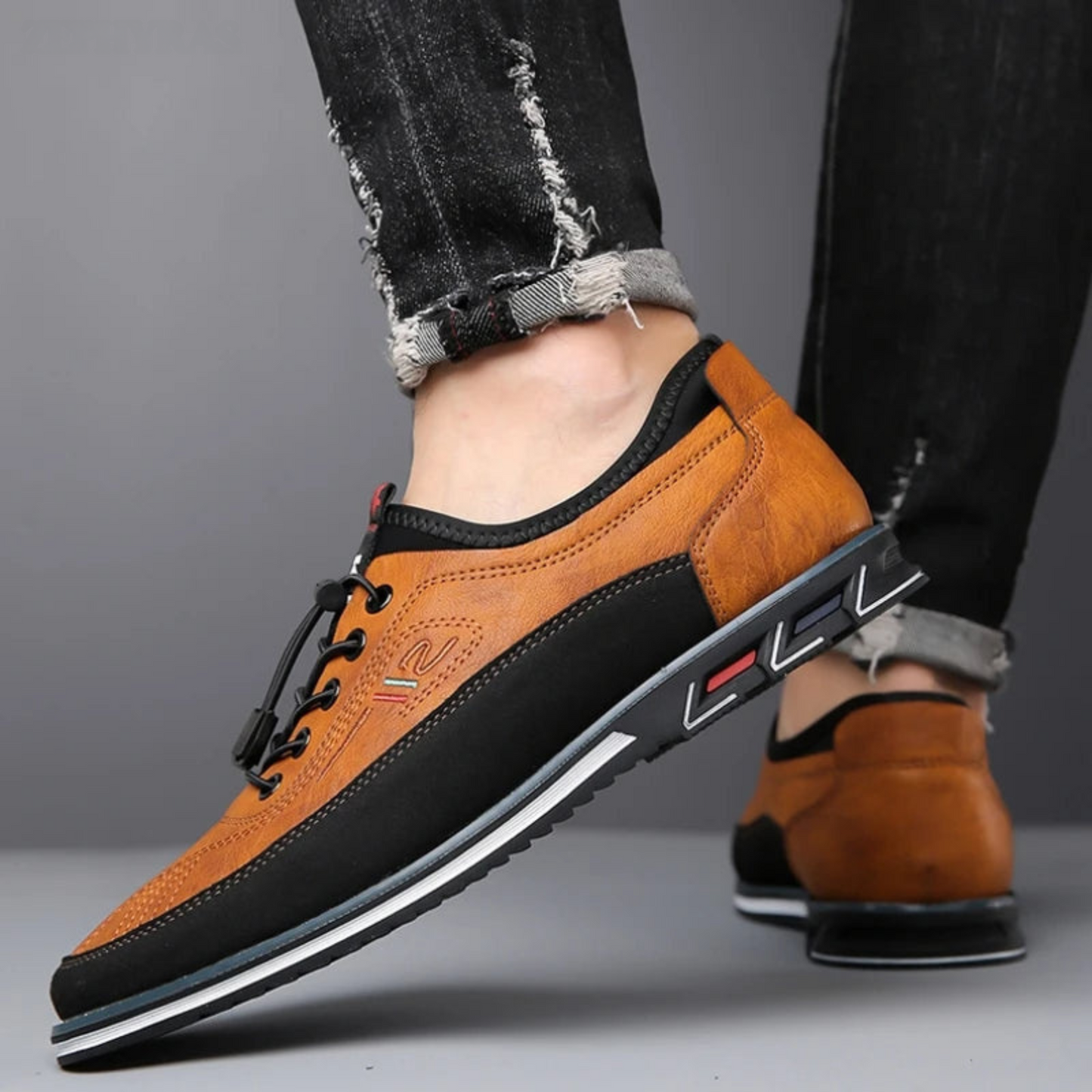 Men’s Leather Loafers – Slip-On Dress Shoes – Lace-Up Detail – Casual Elegance