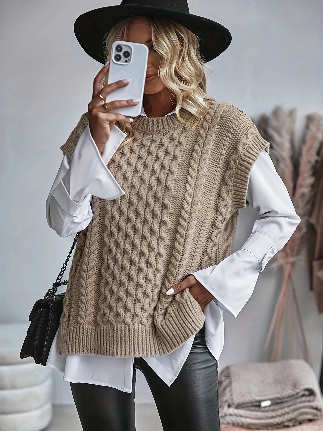 Women's Knitted Vest - Cable Knit - Sleeveless - Relaxed Fit - Layering Piece