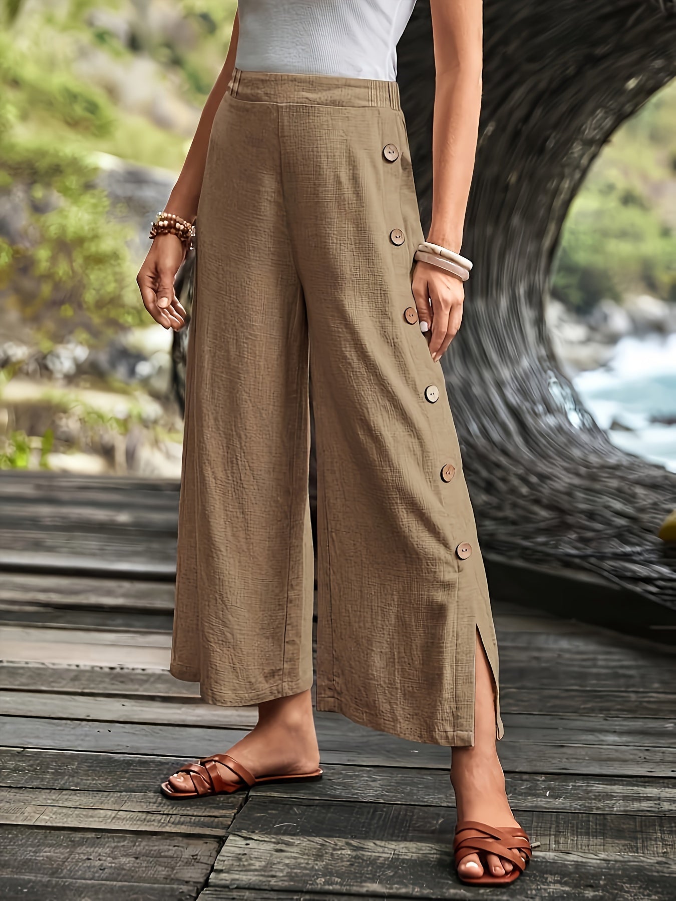 Women's Wide-Leg Trousers - High Waist - Lightweight Breathable Fabric - Side Slit Detail