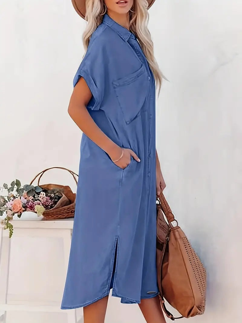 Women's Button-Up Midi Dress - Relaxed Fit - Short Sleeve - Collared Neck - Side Pockets