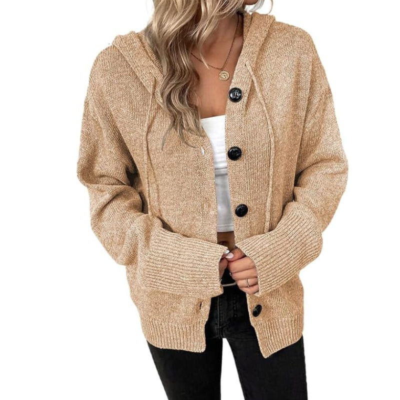 Women’s Knitted Cardigan – Soft Knit – Oversized Fit – Hooded – Button Front Layer