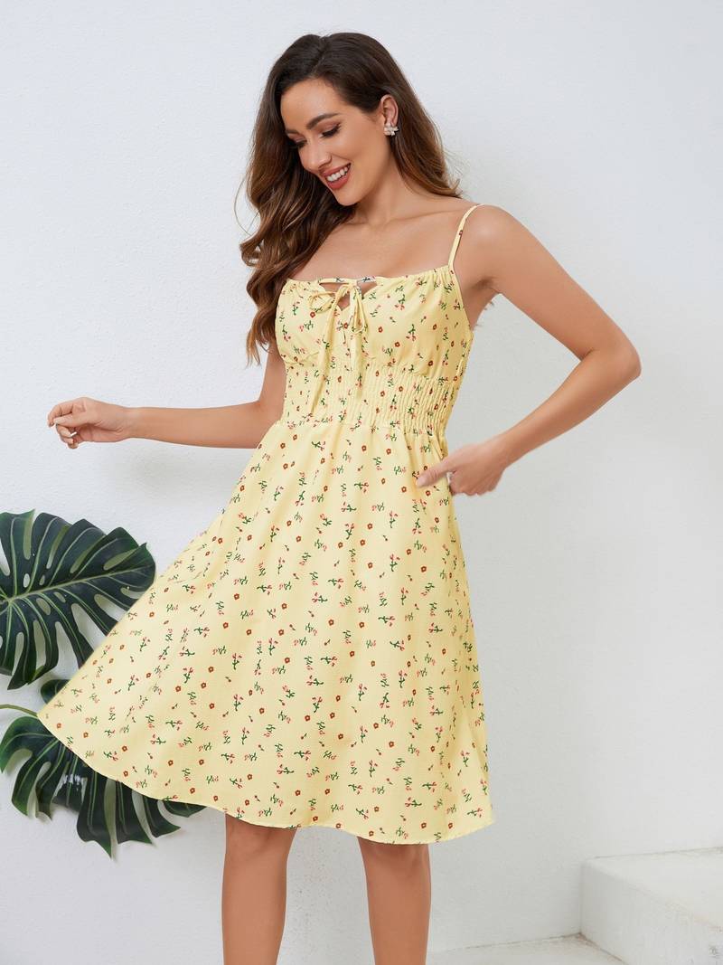 Women's Sundress - Smocked Waist - Spaghetti Straps - A-Line Floral Casual Dress