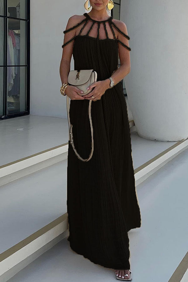 Women’s Full-Length Dress – Relaxed Fit – Halter Neck – Braided Detail – Natural Fibers