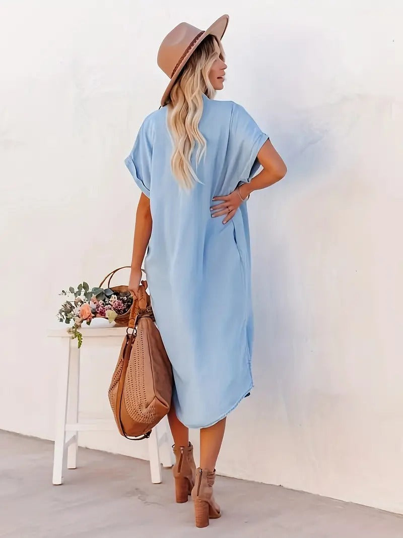 Women's Button-Up Midi Dress - Relaxed Fit - Short Sleeve - Collared Neck - Side Pockets