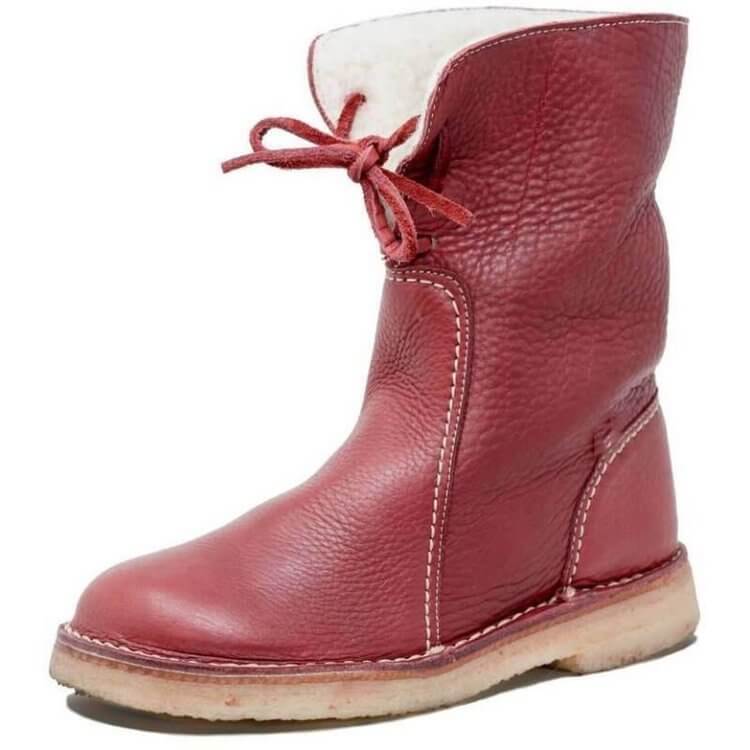 Women’s Mid-Calf Boots – Leather Look – Wool Lined – Lace Up – Rounded Toe – Stitched