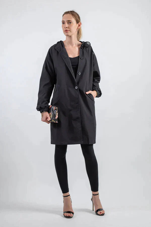 Women’s Rain Jacket – Relaxed Fit – Hooded – Water-Repellent – Button Front – Hip Length