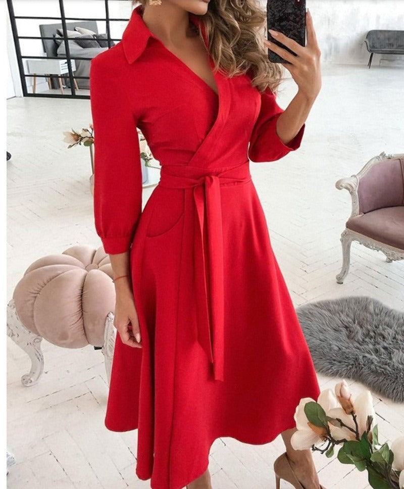 Women’s Wrap Dress - V-Neckline - Fitted Waist with Sash - Three-Quarter Sleeve Midi