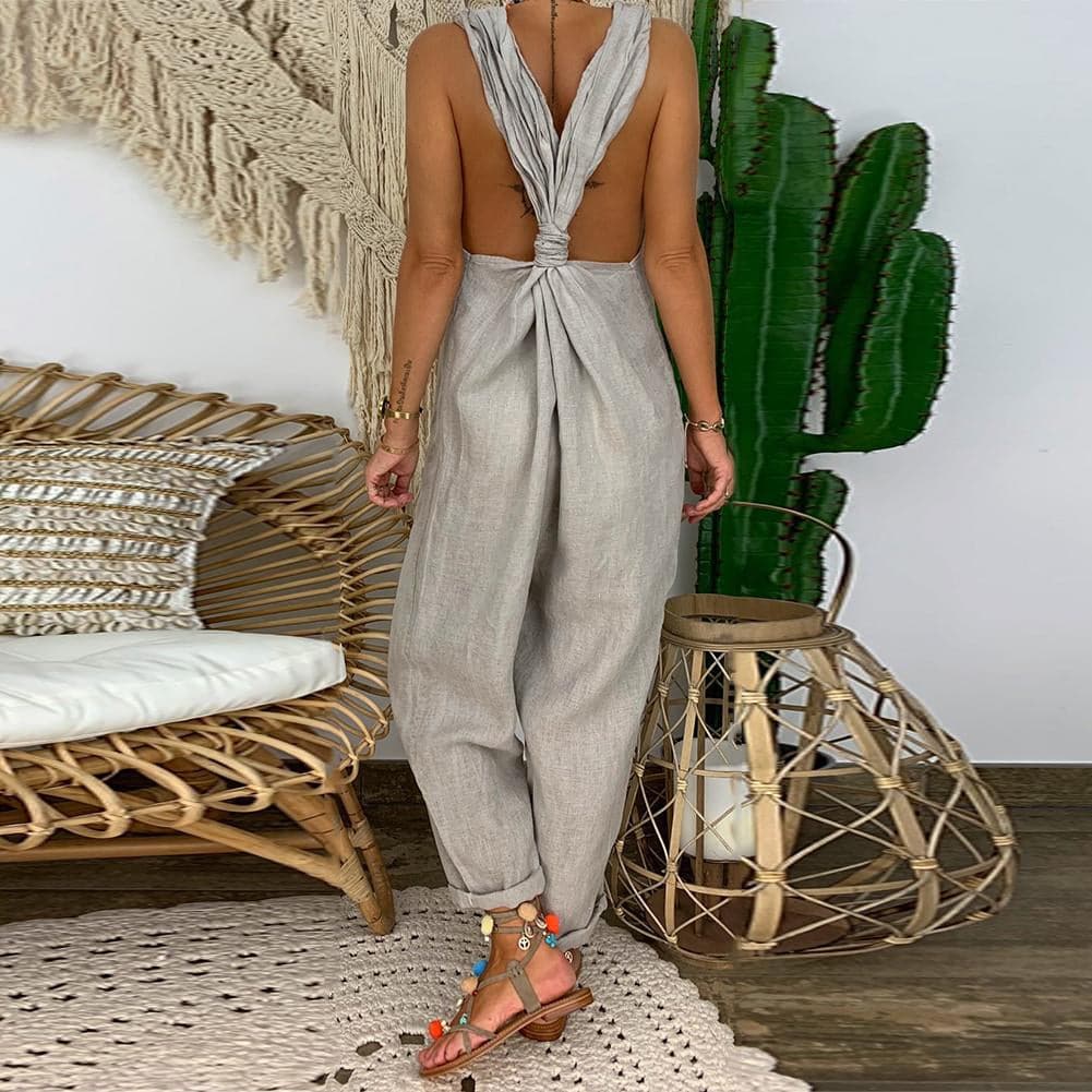 Women’s Jumpsuit – Relaxed Fit – Breathable Blend – Knotted Straps – Open Back