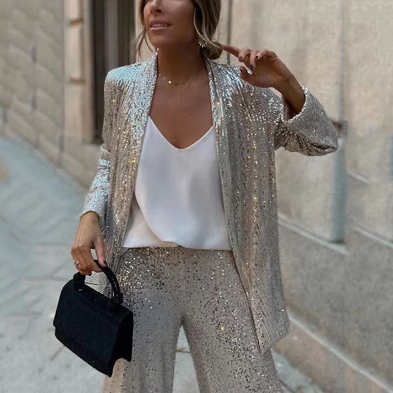 Women’s Two-Piece Set – Sequin Jacket – High-Waisted Wide-Leg Trousers – Evening Wear