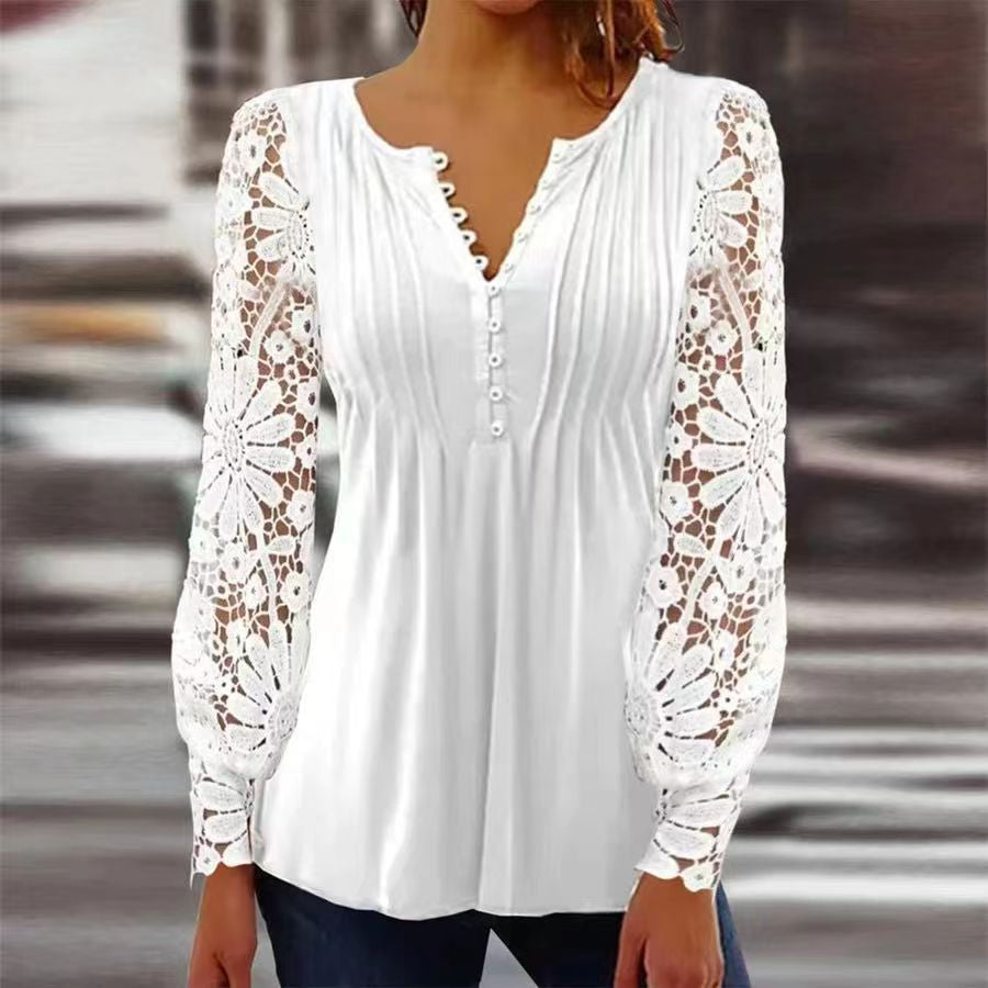 Women’s Floral Top – Relaxed Fit – V-Neck – 3/4 Sleeve – Breathable Blend – Pleated Detail