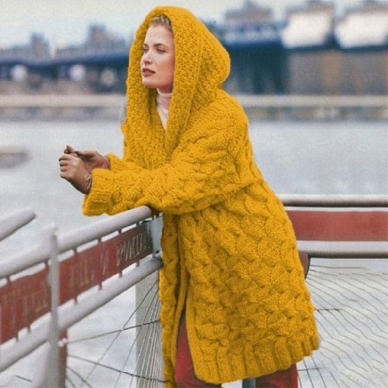 Women’s Long Cardigan – Oversized Fit – Soft Knit – Cable Knit – Hooded Open Front