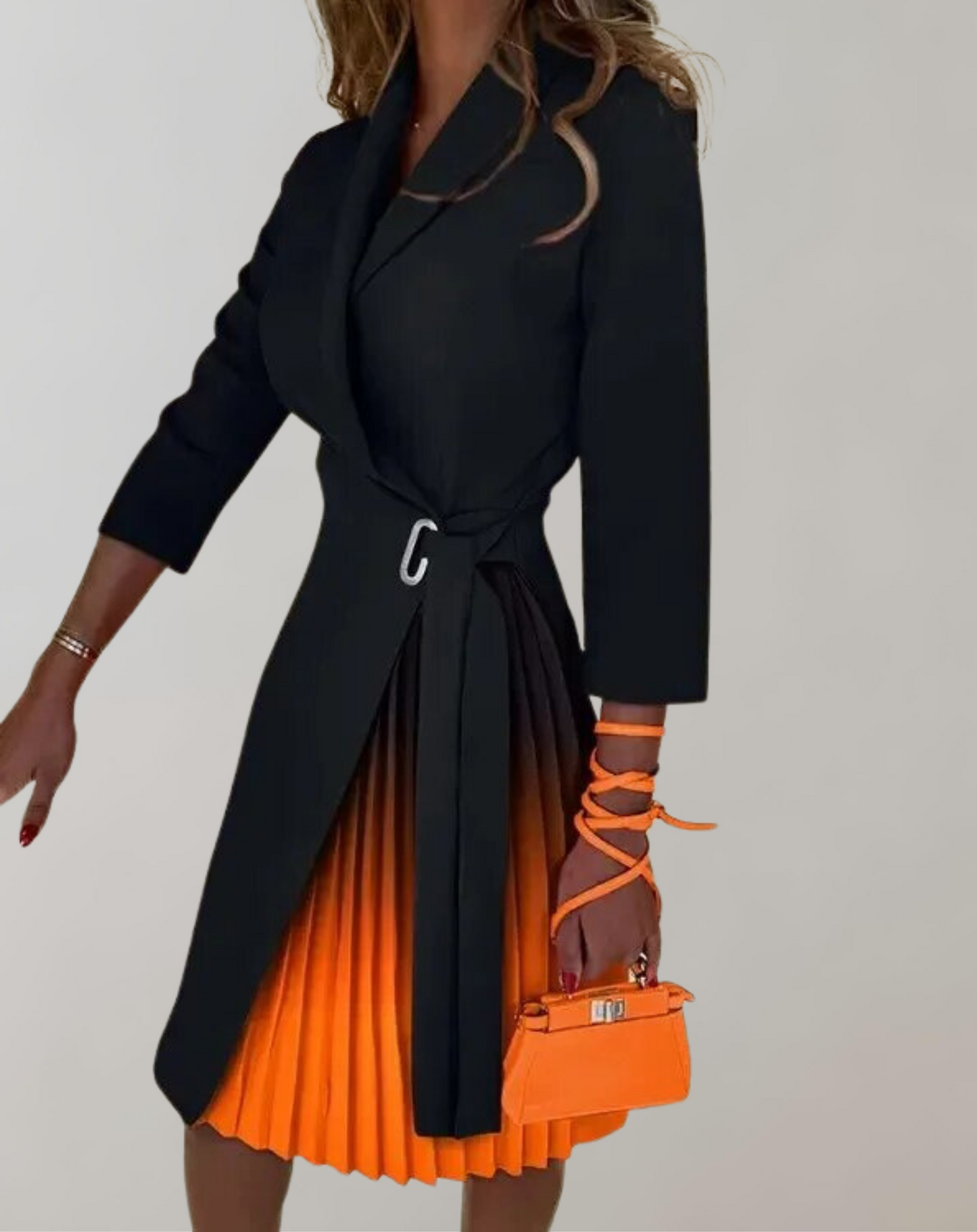 Women’s Midi Dress – Tailored Fit – Pleated Skirt – Notched Neck – Belted Waist – 3/4 Sleeve