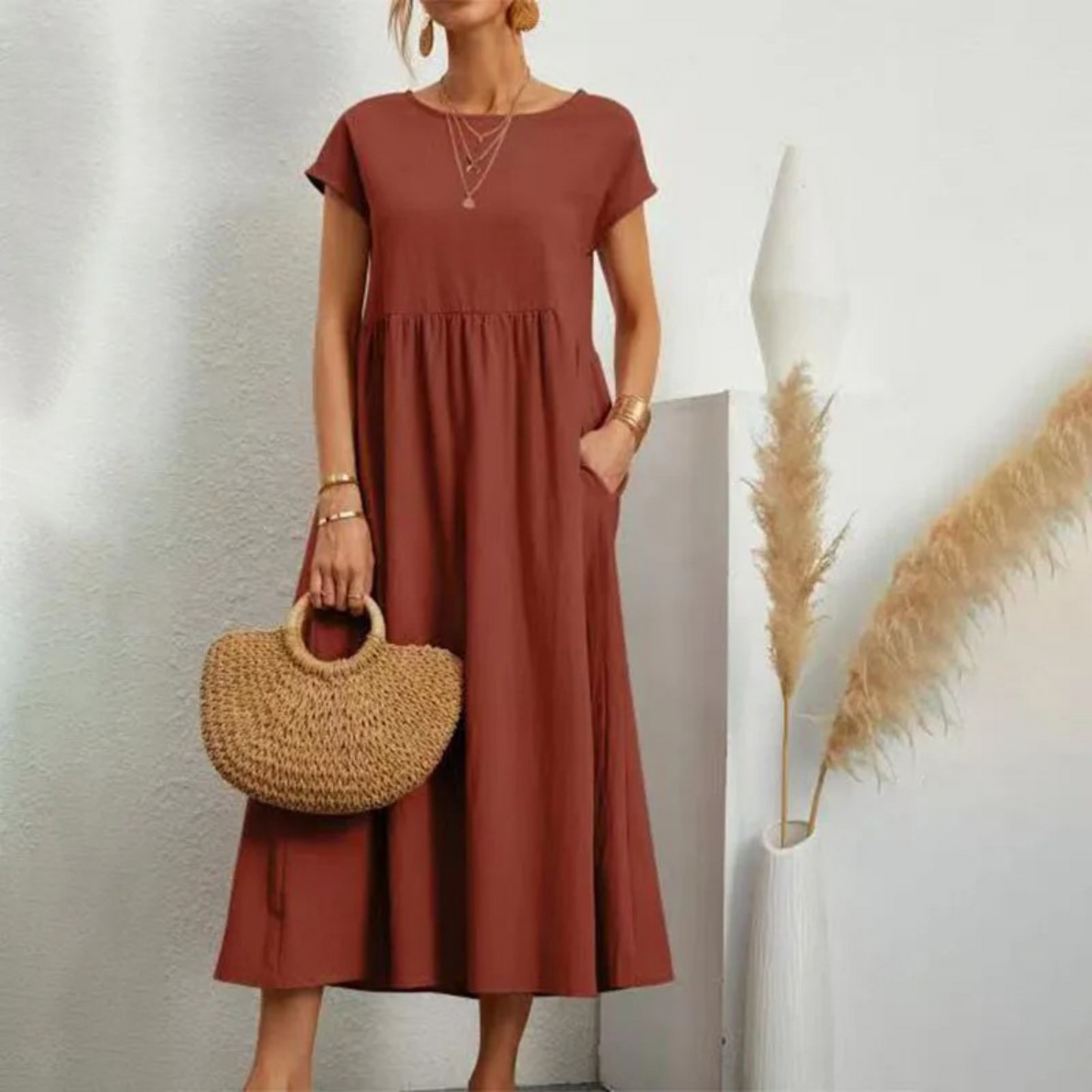 Women's Linen Maxi Dress - Short Sleeve - Round Neck - Empire Waist - Relaxed Fit