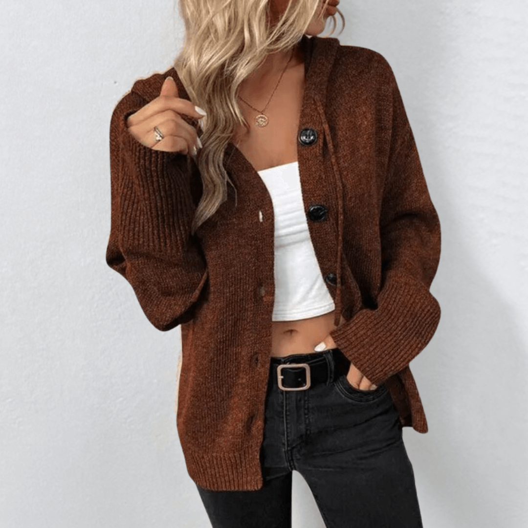 Women’s Knitted Cardigan – Soft Knit – Oversized Fit – Hooded – Button Front Layer