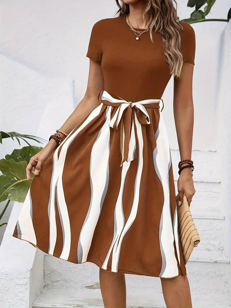 Women's A-Line Dress - Short Sleeve Crew Neck - Waist Tie - Striped Pattern