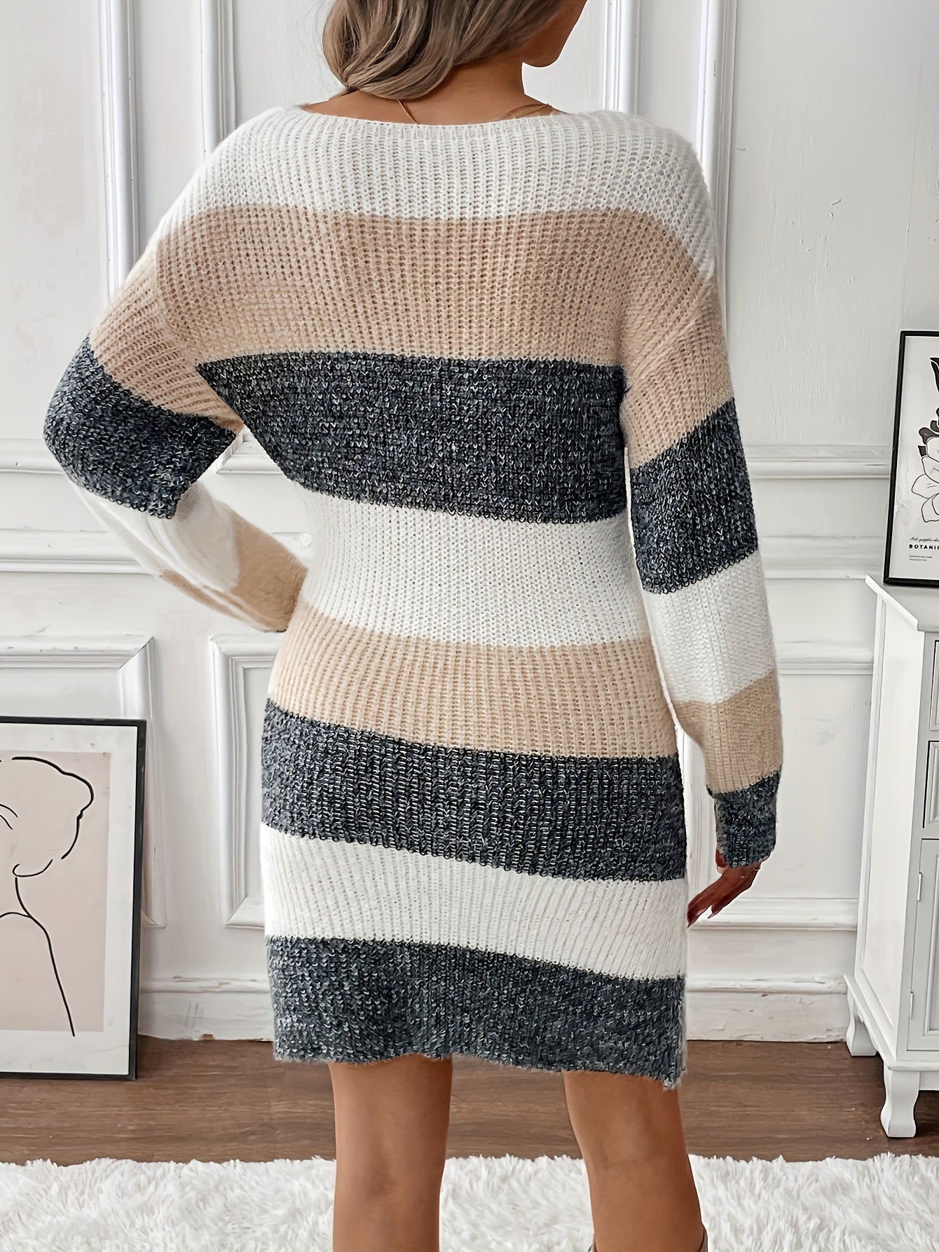 Women's Sweater Dress - Knitted Soft Fabric - Relaxed Fit - Long Sleeve Striped Design