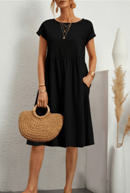 Women's Cotton Linen Short Sleeve Midi Dress