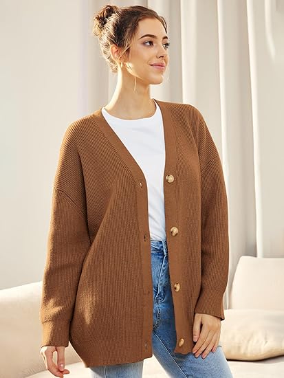 Women’s Cardigan – Oversized Fit – Soft Knit Ribbed Texture – V-Neck Button Front