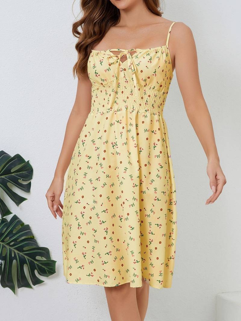 Women's Sundress - Smocked Waist - Spaghetti Straps - A-Line Floral Casual Dress