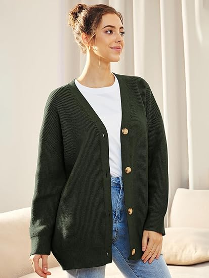 Women’s Cardigan – Oversized Fit – Soft Knit Ribbed Texture – V-Neck Button Front