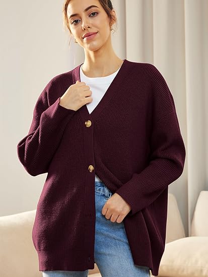 Women’s Cardigan – Oversized Fit – Soft Knit Ribbed Texture – V-Neck Button Front
