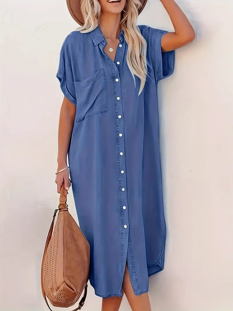 Women's Button-Up Midi Dress - Relaxed Fit - Short Sleeve - Collared Neck - Side Pockets