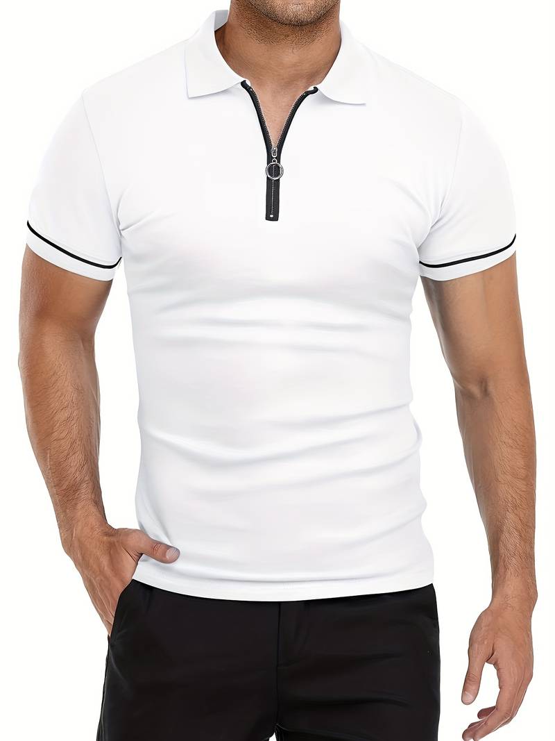 Men’s Polo Shirt – Slim Fit – Short Sleeve – Quarter Zip – Stylish Contrast Detail